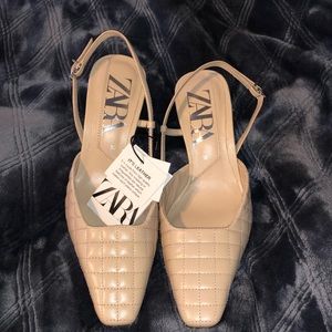 Zara leather heeled sling back shoes cream Size 5 new with tags